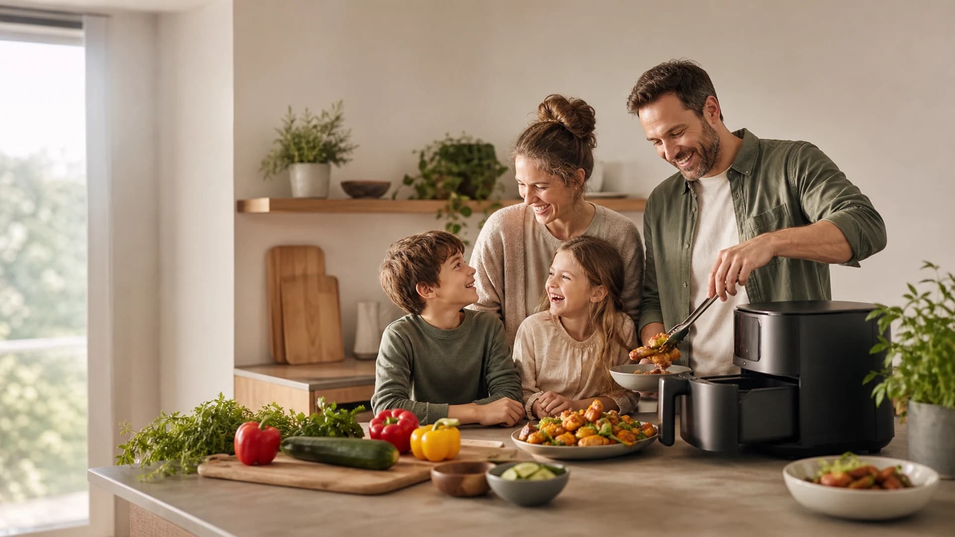 Familie bereitet gemeinsam Essen aus dem Airfryer zu