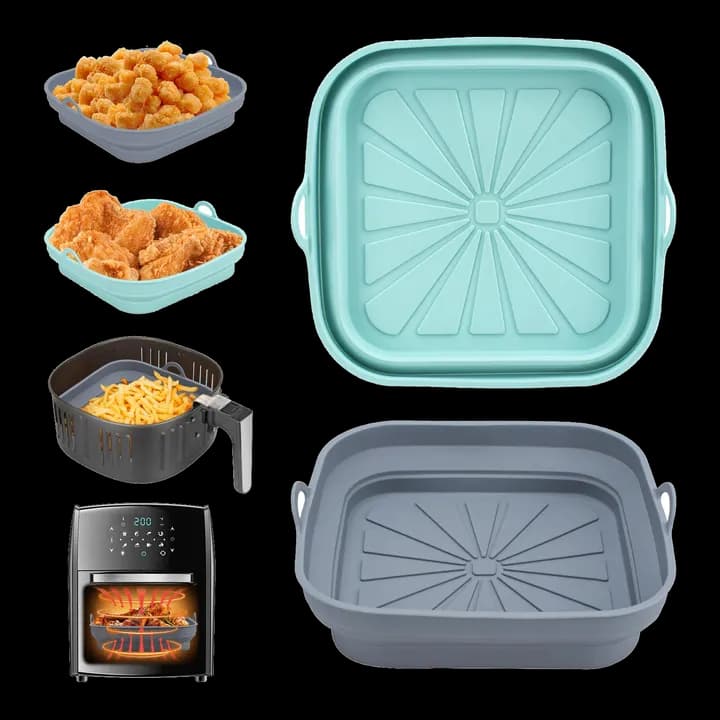 Alyvisun Silikonform für Heißluftfritteuse 2 Stück Airfryer Silikon Backform Wiederverwendbar Silikoneinsatz Zubehör Quadratisch Silikonmatte Pot Liner für Air Fryer, Mikrowelle, Ofen, Blau+Grau
