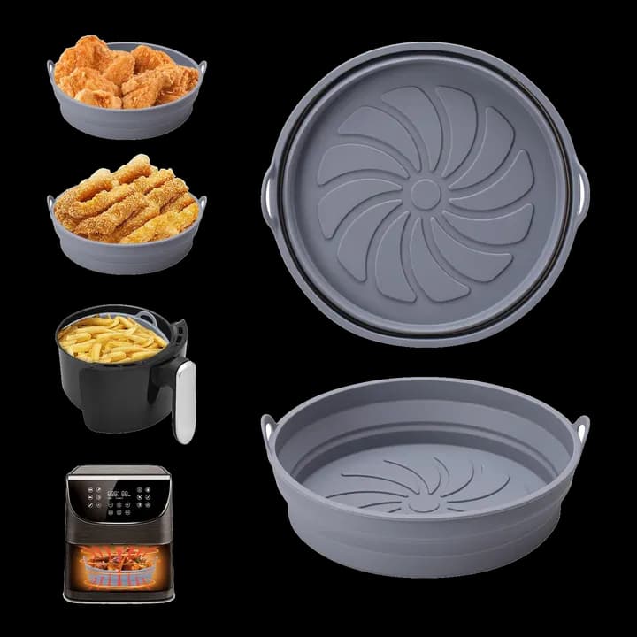 Alyvisun Silikonform für Heißluftfritteuse, 2 Stück Air Fryer Silikonmatte Wiederverwendbar Silikon Backform Pot Zubehör Runde Einsätze Liner für Airfryer, Mikrowelle, Ofen(Grau)