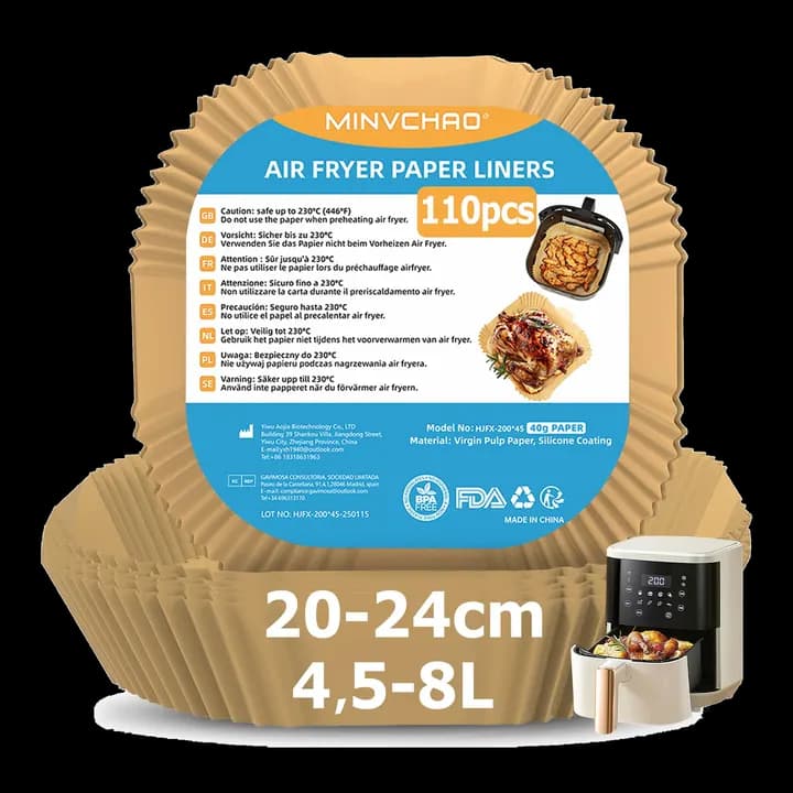 Backpapier für Heißluftfritteuse 110 Stück, 20-24cm Airfryer Pergamentpapier,Antihaft Ölfest BPA-frei Ungebleicht,Kompatibel mit Philips COSORI Ninja Cecotec 4,5L-8L(Hot Air Fryer)