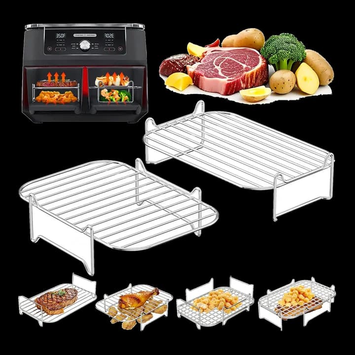 Heißluftfritteuse Zubehör Stapelbar, Grillrost #304 Edelstahl, Airfryer Zubehör für Dual Zone 7,6L–10,4L, Kompatibel mit Ninja, Cosori, Russell Hobbs, andere Doppelkammer Airfryer (2er-set)
