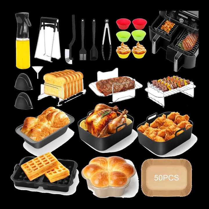 Charmofun 28 Stück Ninja Heißluftfritteuse Zubehör, Airfryer Zubehör für Ninja Foodi Max Dual Zone AF300EU AF400EU AF500EU 7.6L-9.5L und Anderen Dual Zone Fritteuse, Air Fryer Silikonmatte Accessories