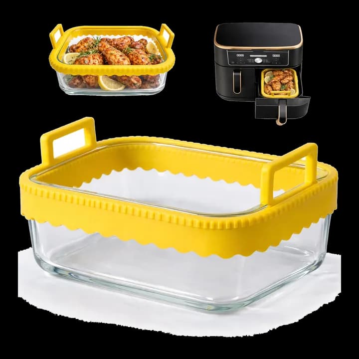 Auflaufform Airfryer für Ninja Heißluftfritteuse AF400EU/DZ400EU/AF500EU/COSORI Heißluftfritteuse 2 Kammern, Glas Airfryer Zubehör, BPA-frei, Herausnehmbarer Silikonring, Spülmaschinenfest