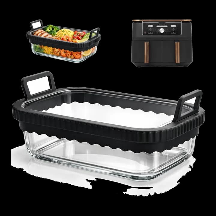 Auflaufform Airfryer für COSORI Heißluftfritteuse 2 Kammern/Ninja Heißluftfritteuse AF400EU/SL400EU/AF500EU/, Glas Airfryer Zubehör, BPA-frei, Herausnehmbarer Silikonring (Schwarz)