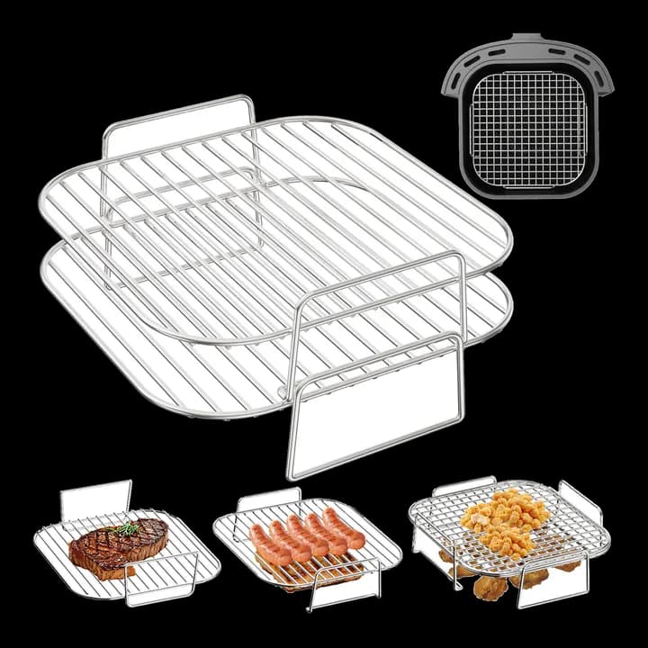 HONYAO Airfryer Zubehör Stapelbar Grillrost, 2er-set Edelstahl Heißluftfritteuse Zubehör für Cosori 5,5/5,7/6/6,2/6,4/10,8L, Philips 6,2/7,2/7,3L, Ninja 6,2L, andere Quadrat Körbe 5,5-8,3L