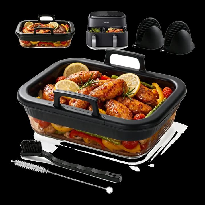 Auflaufform Airfryer mit abnehmbaren Silikongriffen, BPA-frei Glasform für airfryer mit Silikonhandschuh & 2 Reinigungsbürsten,Spülmaschinenfestes Airfryer Zubehör für Ninja AF500EU/COSORI/Philips