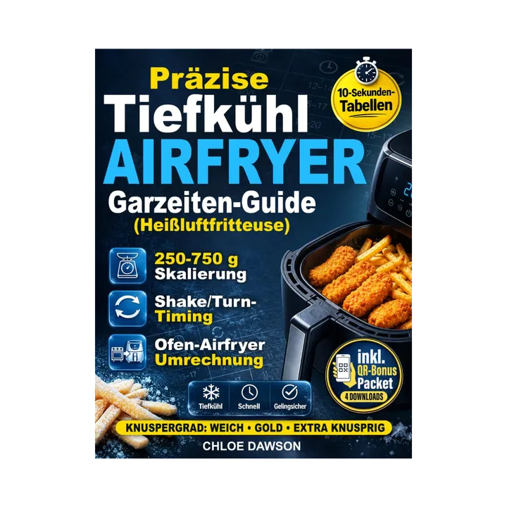 Präzise Tiefkühl Airfryer Garzeiten-Guide (Heißluftfritteuse): 10-Sekunden-Tabellen + 250–750 g Skalierung, Shake/Turn-Timing & Ofen-zu-Airfryer-Umrechnung – ohne außen dunkel, innen roh